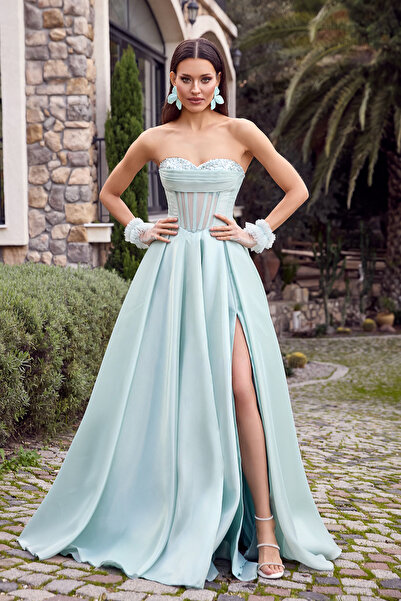 ÖMÜR INN Women's Chest Part Stone Embroidered Strapless Long Evening Dress 64...