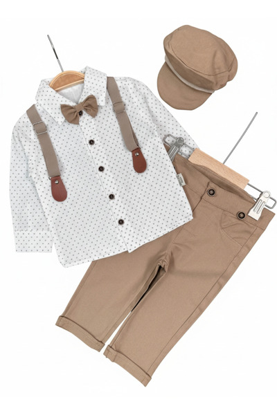 ENSONO Askı Kemerli Şapkalı Papyonlu Likralı Gabardin Pantolon Keten Gömlek E...