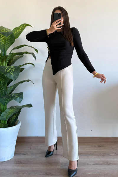 CİDDE Women's Asymmetrical Cut Gold Button Detail Ottoman Fabric Blouse