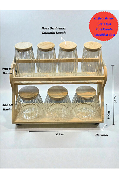 İnterlife 6-Piece Glass Spice Jar Set with Bamboo Lids and Wooden Stand – Kit...