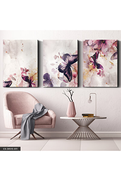 CeSht Mor Kelebek ve Çiçekler 3 Parça Kanvas - Canvas Tablo