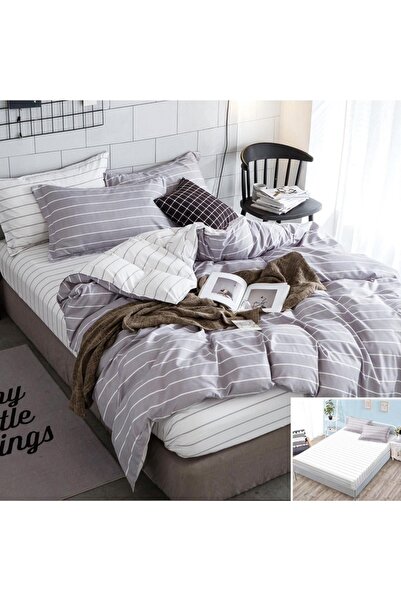 OEM Bed linen, 2 people, satin cotton, 4 pieces, with elastic, gray and white...