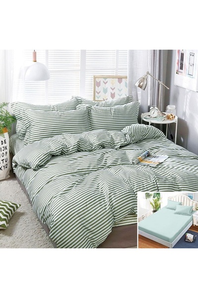 OEM Bed linen, 2 people, satin cotton, 4 pieces, with elastic, green and whit...