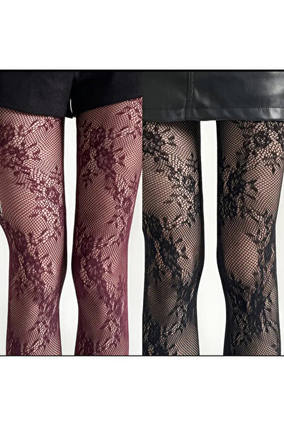 CN Дамски чорапогащи с дантелен мотив, комплект от 2 броя, бордо-черни