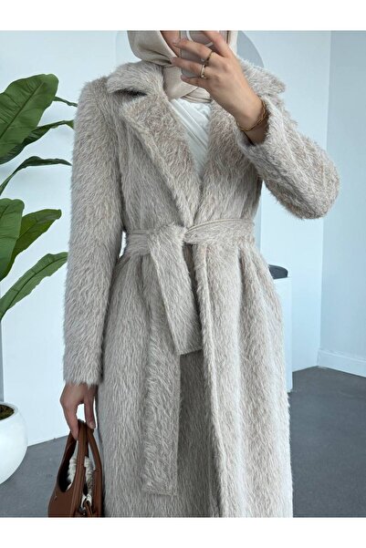 ZEYLİVA Belted Plush Long Coat – Beige