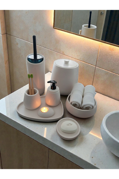 Trust Stone طقم حمام من الخرسانة البيضاء، مرحاض، دلو، صابون سائل، صينية، ديكو...