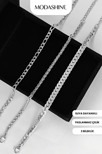 ModaShineShop مجموعة من 3 أساور سلسلة للجنسين من الفولاذ المقاوم للصدأ لا تفق...