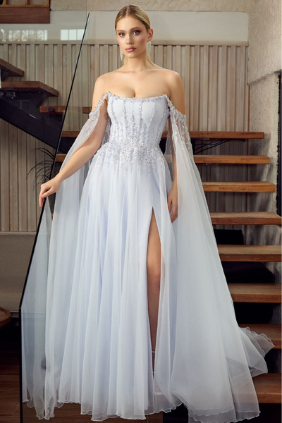 ÖMÜR INN Women's Strapless Sequin Embroidered Sleeves Cape Detail Long Evenin...