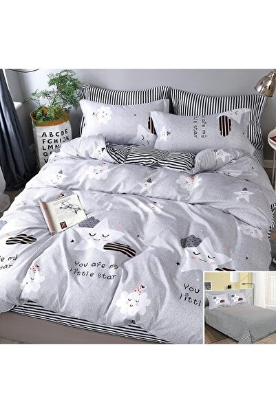 OEM Bed linen, 2 people, satin cotton, 4 pieces, with elastic, gray, stars an...