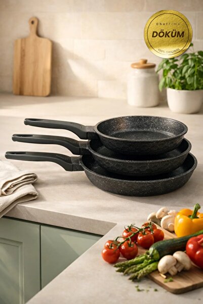 CHEFTİME Granit Döküm Tava Seti 3’lü Siyah - 20cm-24cm-28cm