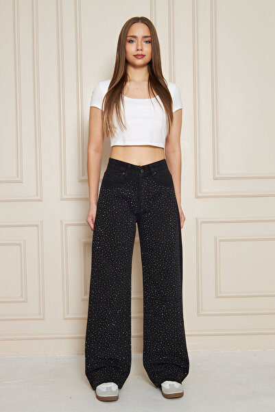 comstar Women's High Waist Baggy Stoned Wide Leg Black Jeans