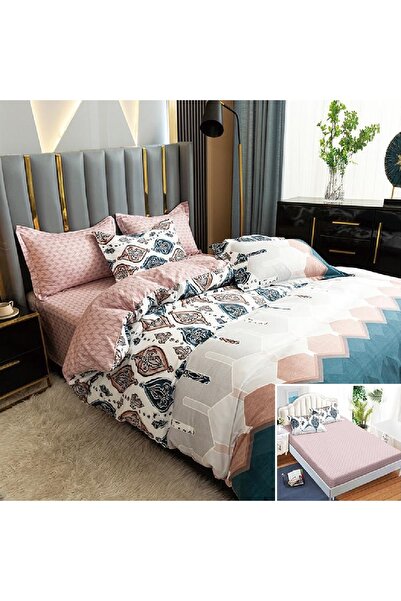 OEM Lenjerie de pat, 2 persoane, bumbac satinat, 4 piese, cu elastic, crem si...