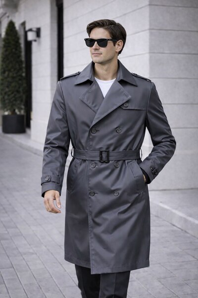 BASEL.CO Men's Modern Fit Trench Coat - Belted, Double Breasted, Timeless Design
