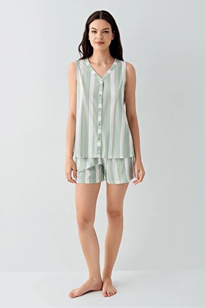 YUYİ Arnetta 100% Cotton V-Neck Front Buttoned Women's Shorts Pajama Set 3590