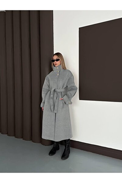 Ekim Store Повний довгий кашеміровий пальто з ґудзиками та поясом