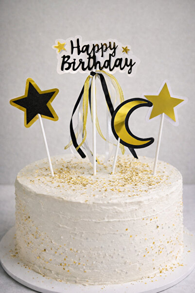 Partifabrik Birthday Black Gold Ribbon Detailed 4 Piece Cake Decoration