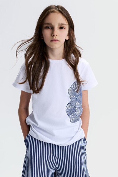 NK Girl's Oyster T-Shirt 8-14 Years Old Ecru-Navy Blue