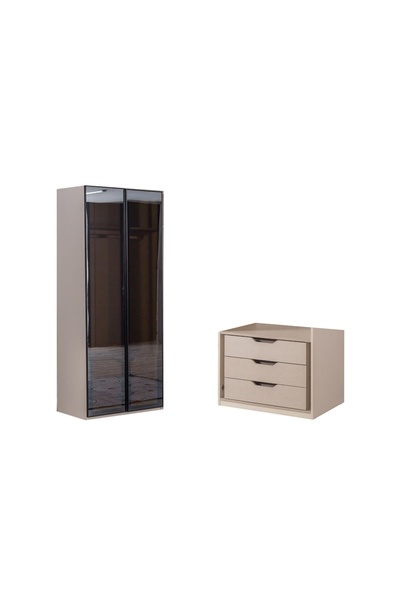 Vivense DEEP GARDIROP, 2 KAPAKLI ÇEKMECELİ, FÜME CAM KAPAK