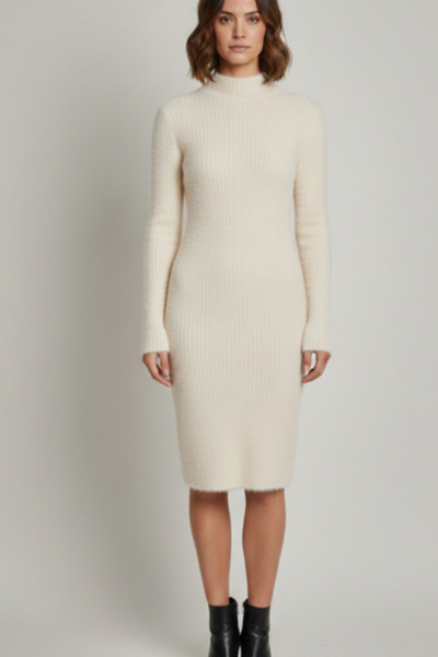 kikiriktekstil Дамска плетена рокля от кашмир с мека текстура в цвят бяло