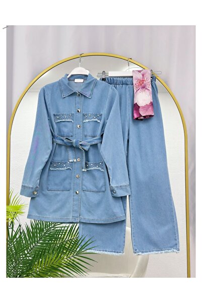 YEDİLALE Beaded Embroidered Pocketed Belted Denim Jacket Pants Two-Piece Set