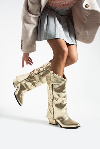 BERFONA Cizme cu toc de 6 cm Diva Gold, cu protecție metalică și detaliu cu f...