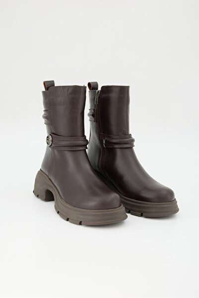Jande Women's Brown Genuine Leather Buckle Thick Sole Short Boots