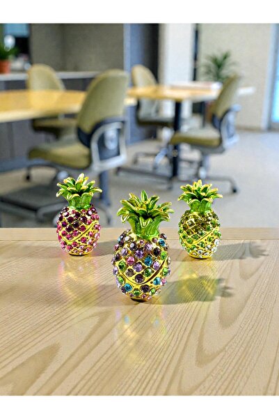 U&M GİFT 3'Lü Ananas Dekoratif Biblo 5×3 cm (Gold Renk – Rengarenk Taşlı, Açı...