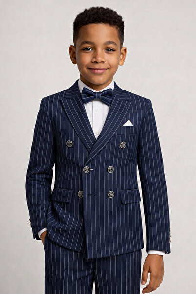 MODMEN Erkek Çocuk Çizgili Ceket Gömlek Pantolon Papyonlu Takım Elbise