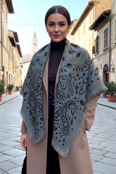 REMSA Cashmere Knitted Patterned Square Shoulder Shawl 108X108 cm 1300 Anthra...