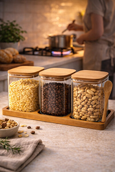 welcomein 750 ml Kapaklı Akasya Standlı Kaşıklı 3’lü Cam Kavanoz Seti Kahvalt...