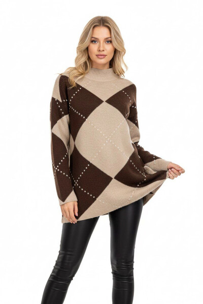 Cool & Sexy Crew Neck Diamond Patterned Knitwear Sweater