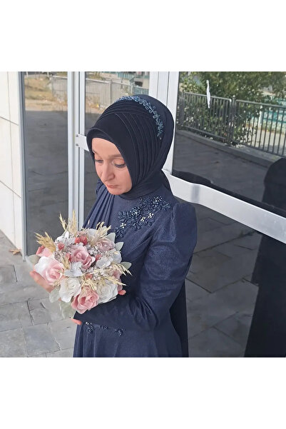 semahazırduvak Lacivert Simli Aksesuarlı Model hazır türban hazır şal abiye ş...