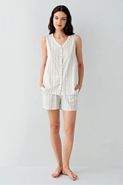 Arnetta 100% Cotton V-Neck Front Buttoned Women's Shorts Pajama Set 3573