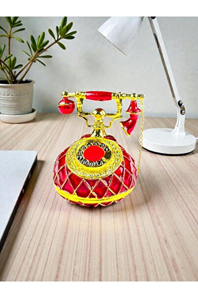 U&M GİFT Dekoratif Ankesörlü Telefon Biblo 7×7 cm Kırmızı (Taş Detaylı – Açıl...