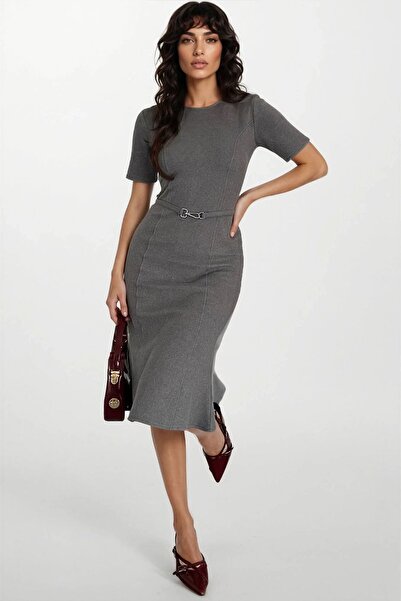 Trend Alaçatı Stili Women's Anthracite Stitched Detail Belted Short Sleeve Mi...