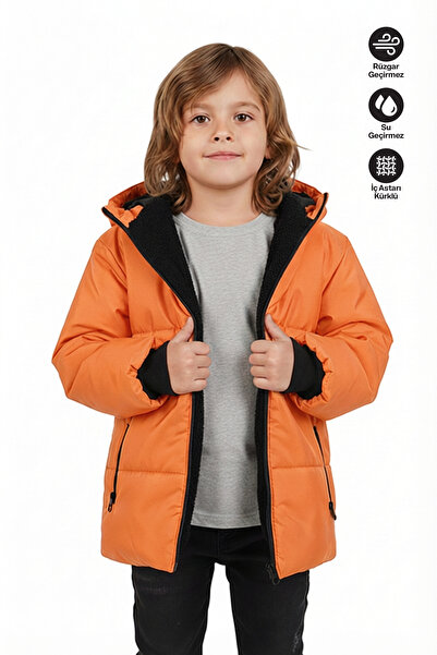 Merdia Boy's Fur Lined K Hooded Orange Coat (Water and Windproof)