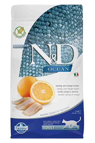 N&D Ocean Tahılsız Ringa Balıklı Portakallı Yetişkin Kedi Maması 1,5 kg