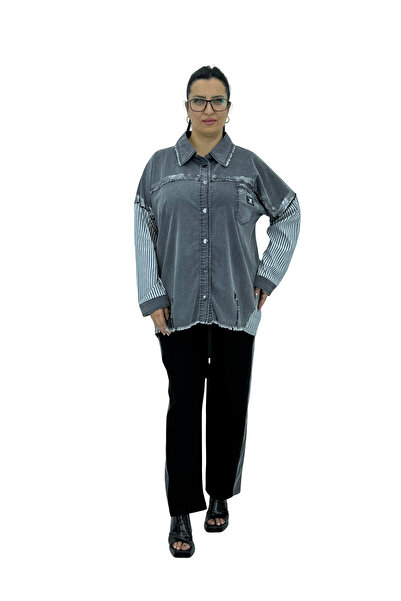 selly line Plus Size Cotton Striped Shiny Detailed Buttoned Bottom Top Women'...