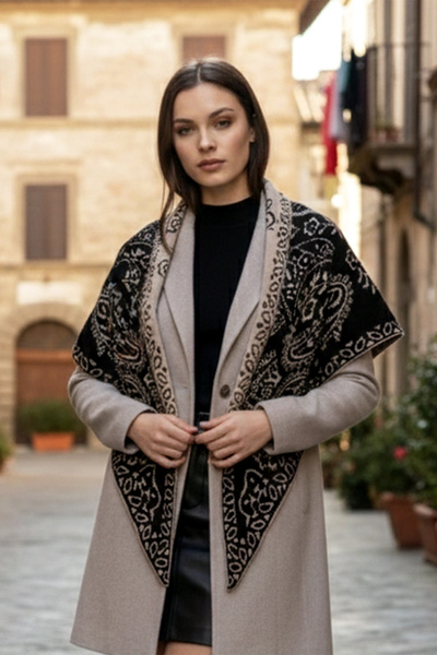 REMSA Cashmere Knitted Patterned Triangle Shoulder Shawl 70X155 cm 1301 Black