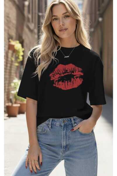 JENOLAN Tricou oversize pentru femei, roșu, cu imprimeu cu ruj, lejer