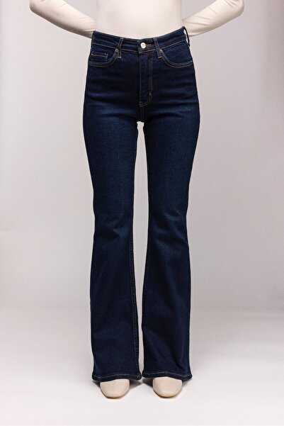 Saade Pantaloni de damă bleumarin talie înaltă evazat L material elastic - Bl...