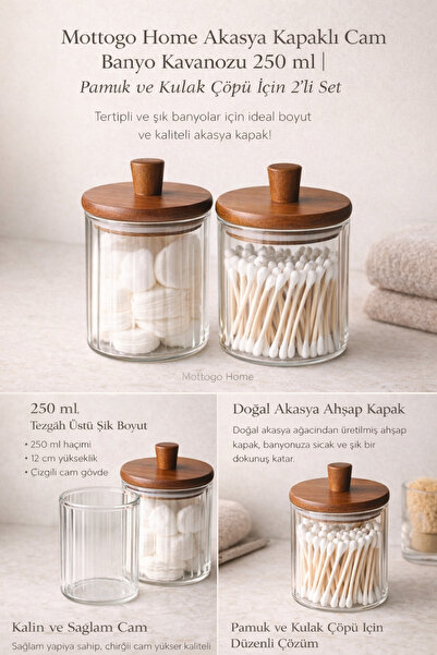 Mottogo Borcan de baie din sticlă cu capac de salcâm 250 ml – Set de 2 pentru...