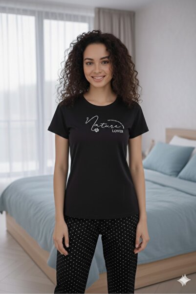 FAMES PİJAMA Women's Black Short Sleeve Stretch Fabric Viscose Summer Pajamas...