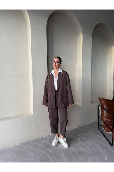 My Blog Brown Holly Pocketed Blazer Jacket Pants Set - 8440