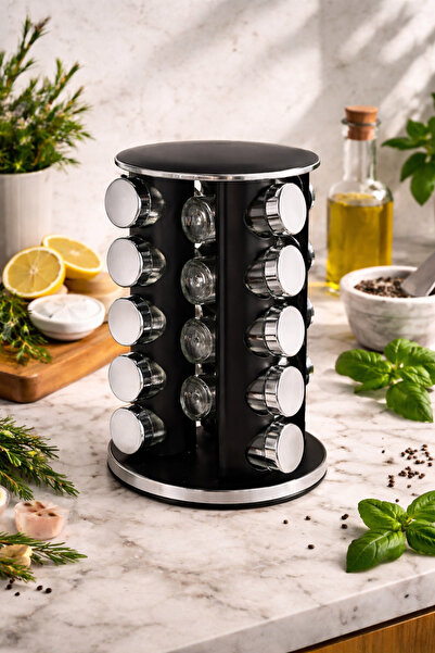 AENLINE HOME Döner Baharatlık Standı 16’lı Cam Kavanozlu Siyah Metal Modern B...