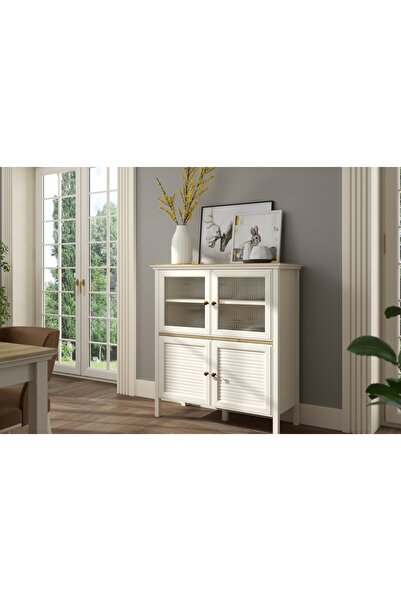 Vivense VALENA KONSOL VİTRİN BÜFE, 2 NERVÜR CAM KAPAK