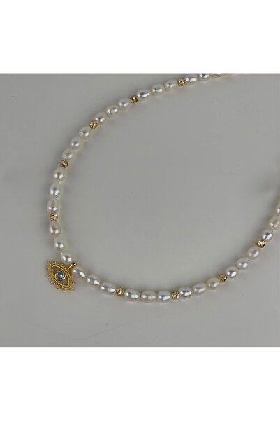 Taşmir Sertifikalı Gerçek Arpa Inci Kolye Göz Charm - Altın Kaplama Aparatlar