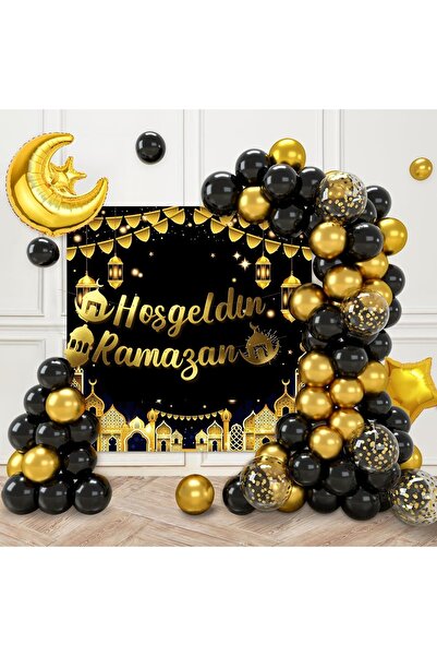 Çemrek Süs Parti Siyah Gold Hoşgeldin Ramazan Balon Zinciri Seti ve hoşgeldin...
