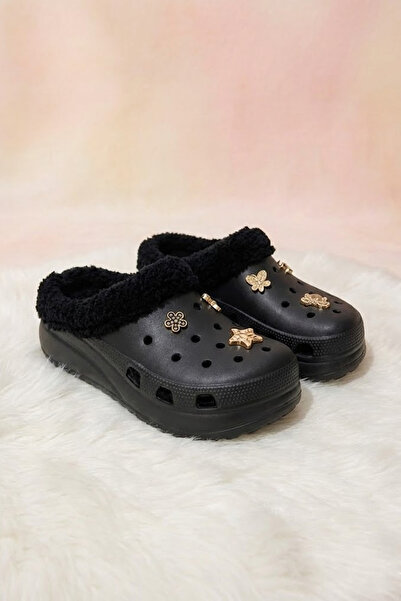 KARDEŞLER ÇORAP Black Color Plush Inside Sabo Slippers with Gold Buckle