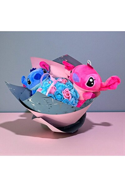 velve Buchet premium cu 35 trandafiri de sapun si 2 jucarii de plus Stitch, A...